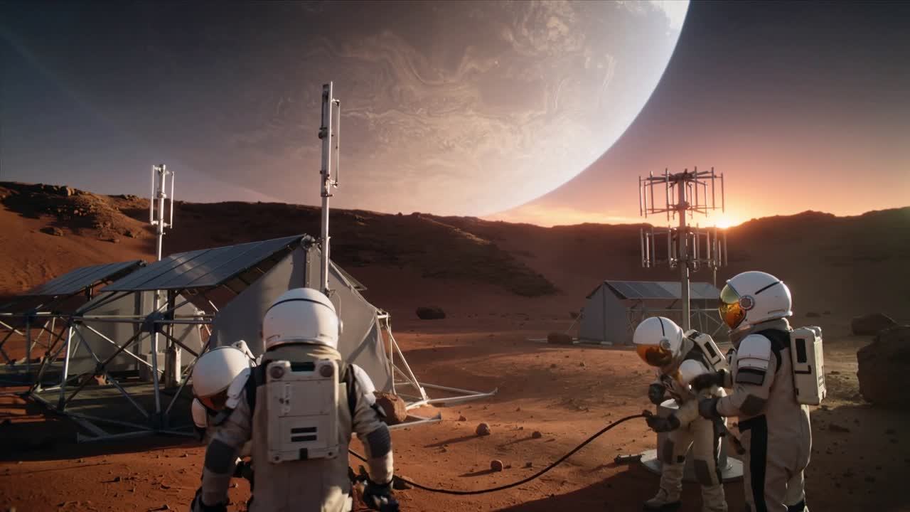 Reaching for tether, suited crew uncoiling cable while team securing junction to power surface camp