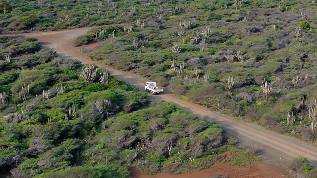 el camión de servicio de cama plana conduce por un camino de tierra en un paisaje tropical seco y árido para girar en la intersección