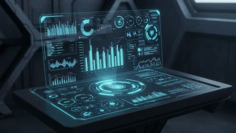 a high-tech holographic data interface showcasing intricate graphs, charts, and analytical measurements that are vital for advanced data analysis and visualization in futuristic environments