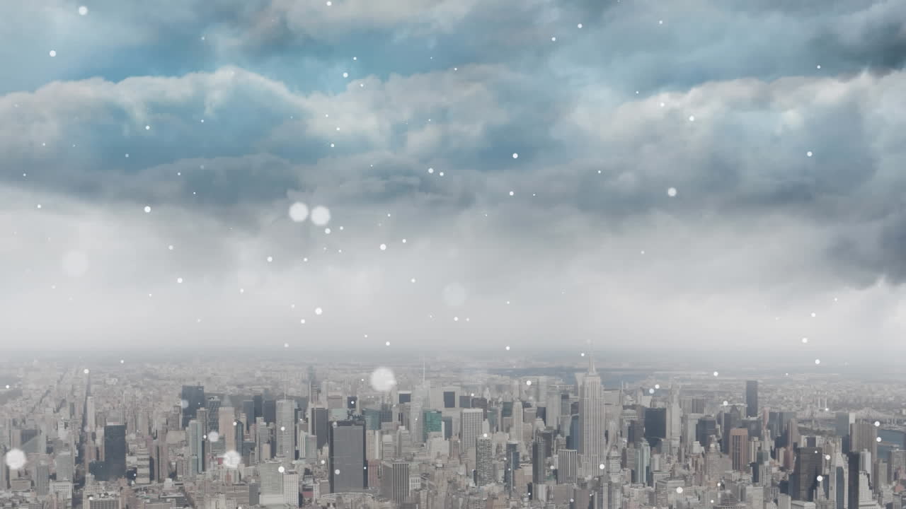 현대 도시 풍경 위의 푸른 하늘에 떠다니는 빛의  ⁇  반점의 애니메이션