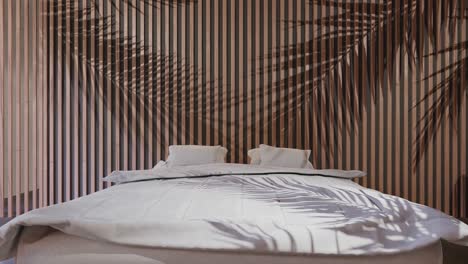 modern hotel room interior near the beach with palm tree shadow on the furniture