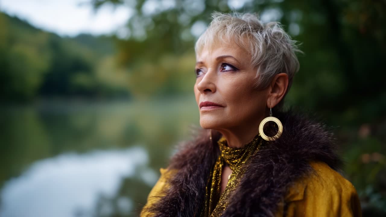 A contemplative woman with short silver hair and golden accessories gazes thoughtfully ahead, presenting a serene and reflective moment by the tranquil waterside