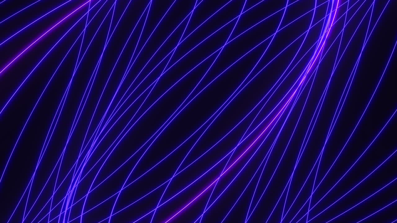 Linee neon blu e viola luminose che si estendono su uno sfondo scuro, creando uno sfondo dinamico astratto con scie luminose per tecnologia, visual musicali e motion design.