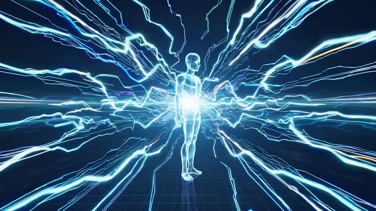 Digital humanoid figure radiating data streams, standing on geometric grid, representing technological information flow and digital connectivity