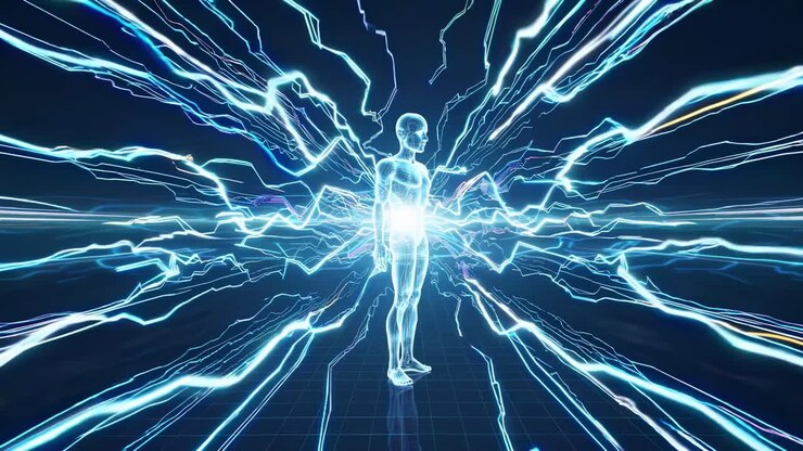Digital humanoid figure radiating data streams, standing on geometric grid, representing technological information flow and digital connectivity