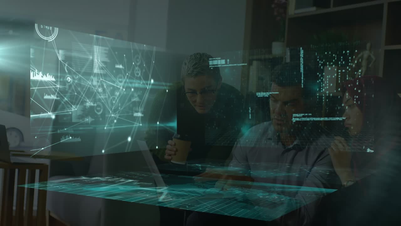 Animation of data processing and network of connections over diverse business people