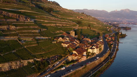 antiguo y encantador pueblo de saint-saphorin en lavaux viñedos suiza - toma aérea