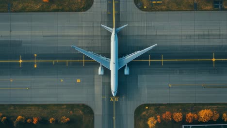 passenger airplane taxiing on airport runway during autumn, surrounded by colorful trees, capturing transportation infrastructure from top down aerial perspective