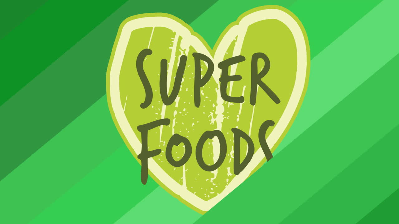 animación de superalimentos texto en verde en corazón verde, sobre rayas diagonales verdes