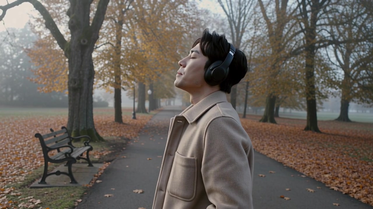 Pria yang mengenakan mantel krem berhenti sejenak mendengarkan musik melalui headphone, memejamkan mata di jalur taman yang berkabut