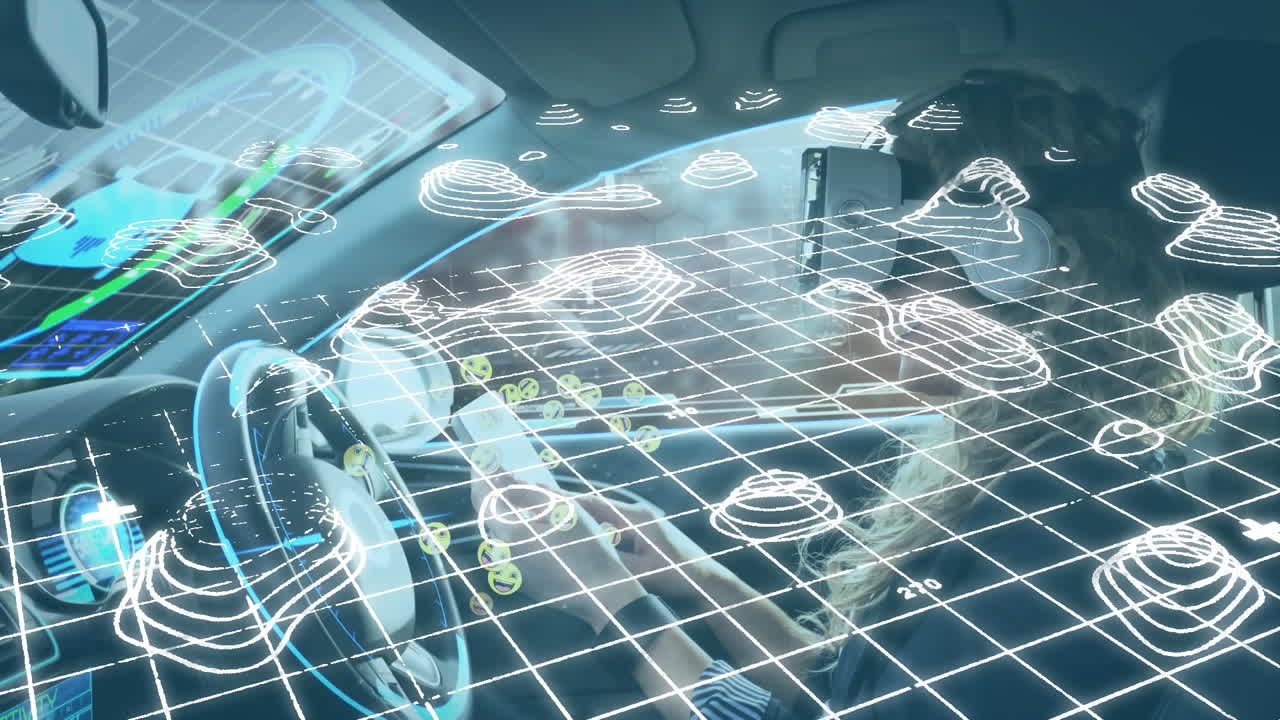 자율주행 자동차에서 스마트폰을 사용하여 vr 헤드 ⁇ 을 사용하는 여성과의 인터페이스 디스플레이의 애니메이션