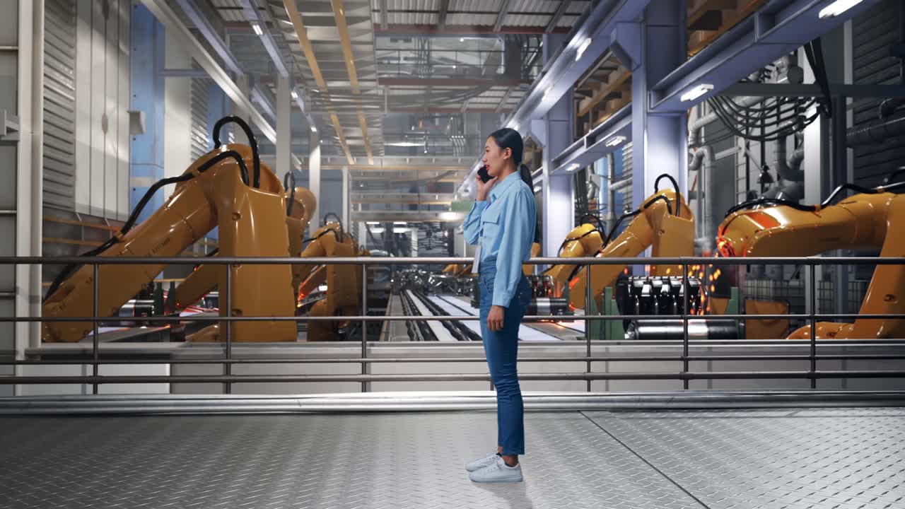 Full Body Side View Of Asian Female With Industrial Robotic Arms Working, She Is Speaking With Someone In The Phone