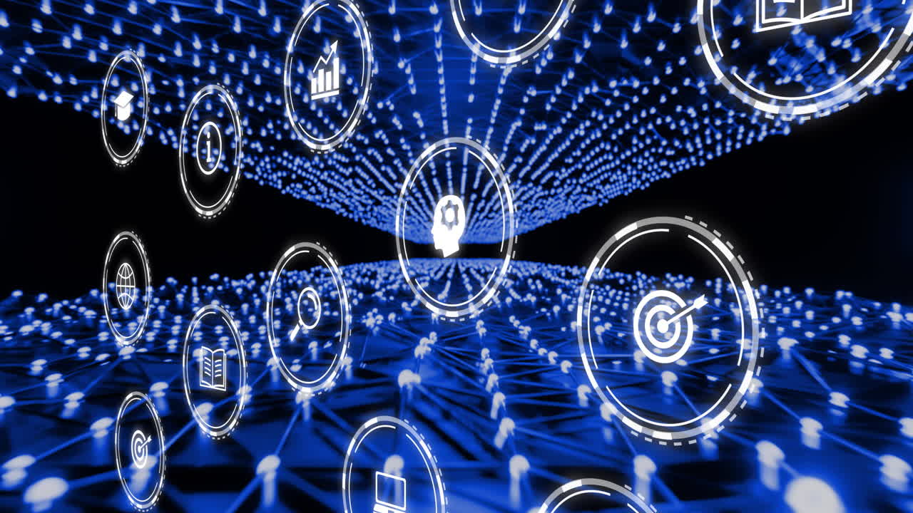 데이터 및 통신 아이콘의 애니메이션, 블랙에 파란 빛의 네트워크를 통해 처리