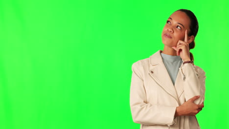 thinking, green screen and woman in studio