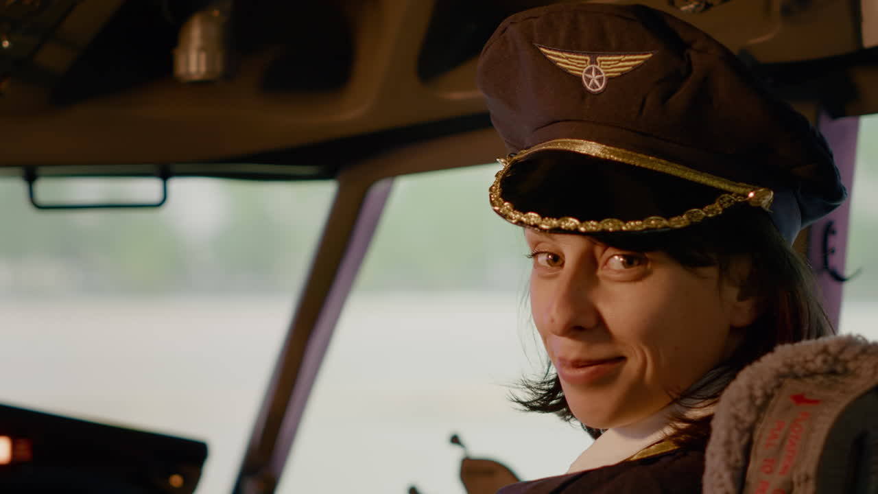 Portrait of female copilot in aviation uniform flying airplane