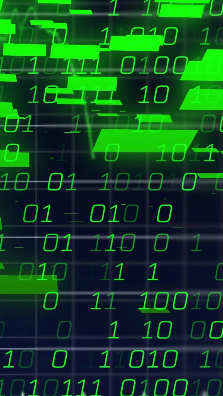 Vídeo vertical: Dígitos verde-neon iniciais surgindo e caindo em cascata, barras deslizando para exibir gráfico de mercado