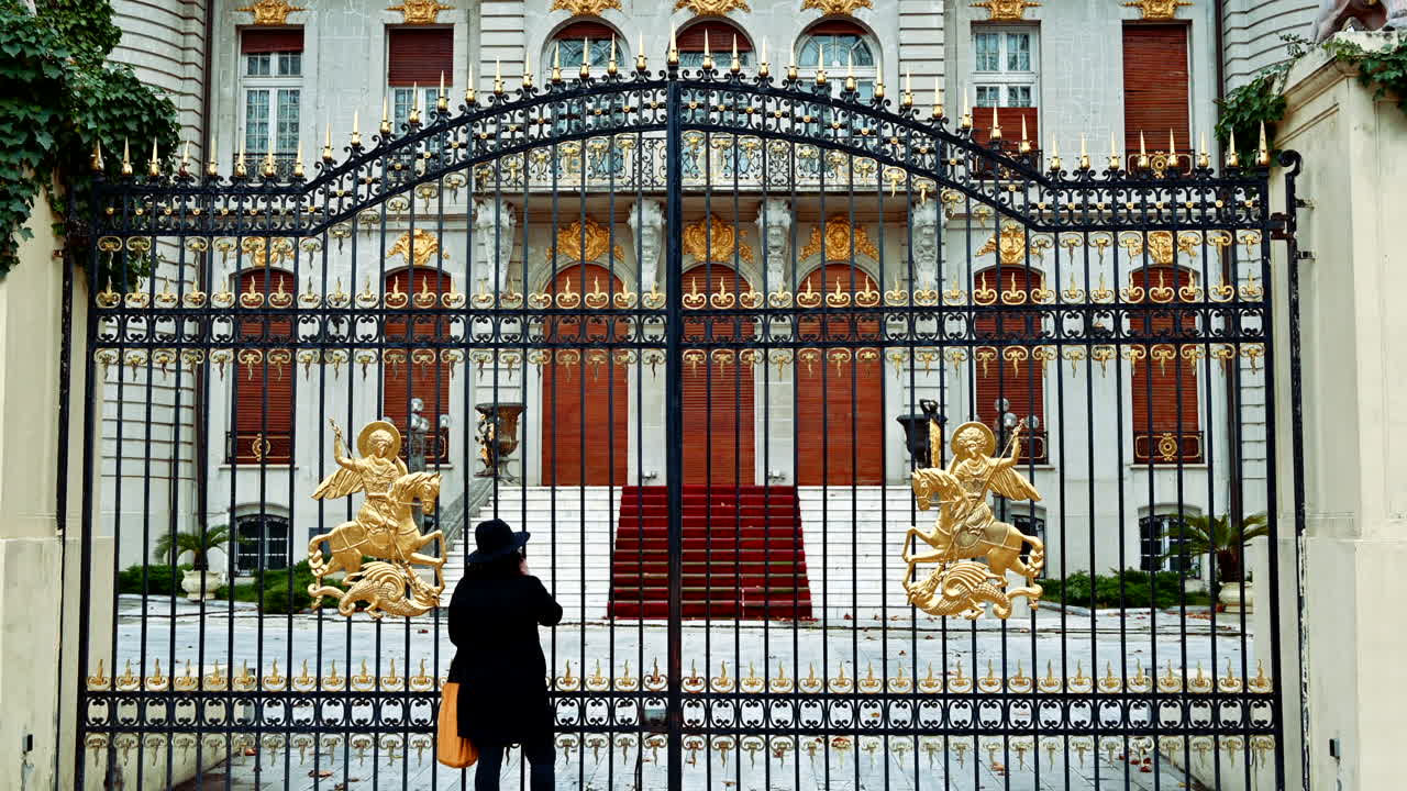 Woman in front of the Manu-Auschnitt House, tourist attraction in Bucharest, Romania