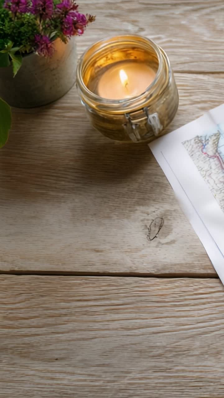 A serene tabletop composition featuring a glowing candle, a charming flower pot, and an artful print, showcasing a tranquil moment in a cozy setting