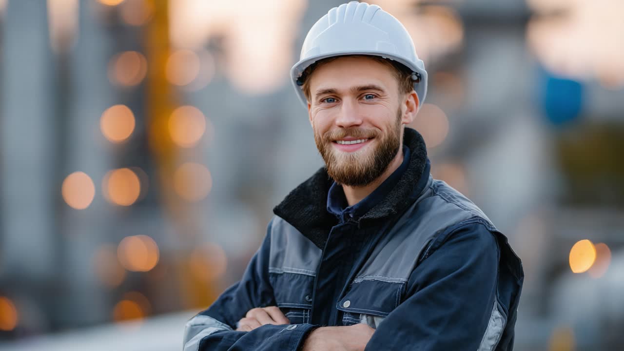 A smiling worker in a hard hat stands confidently with crossed arms, showcasing professionalism and pride in an industrial setting during sunset, with a blurred background of machinery