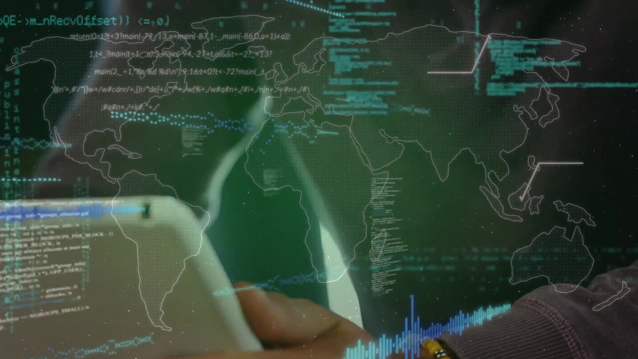 세계 지도의 애니메이션, 태블릿을 가진 두 인종의 남성에 대한 오류 및 데이터