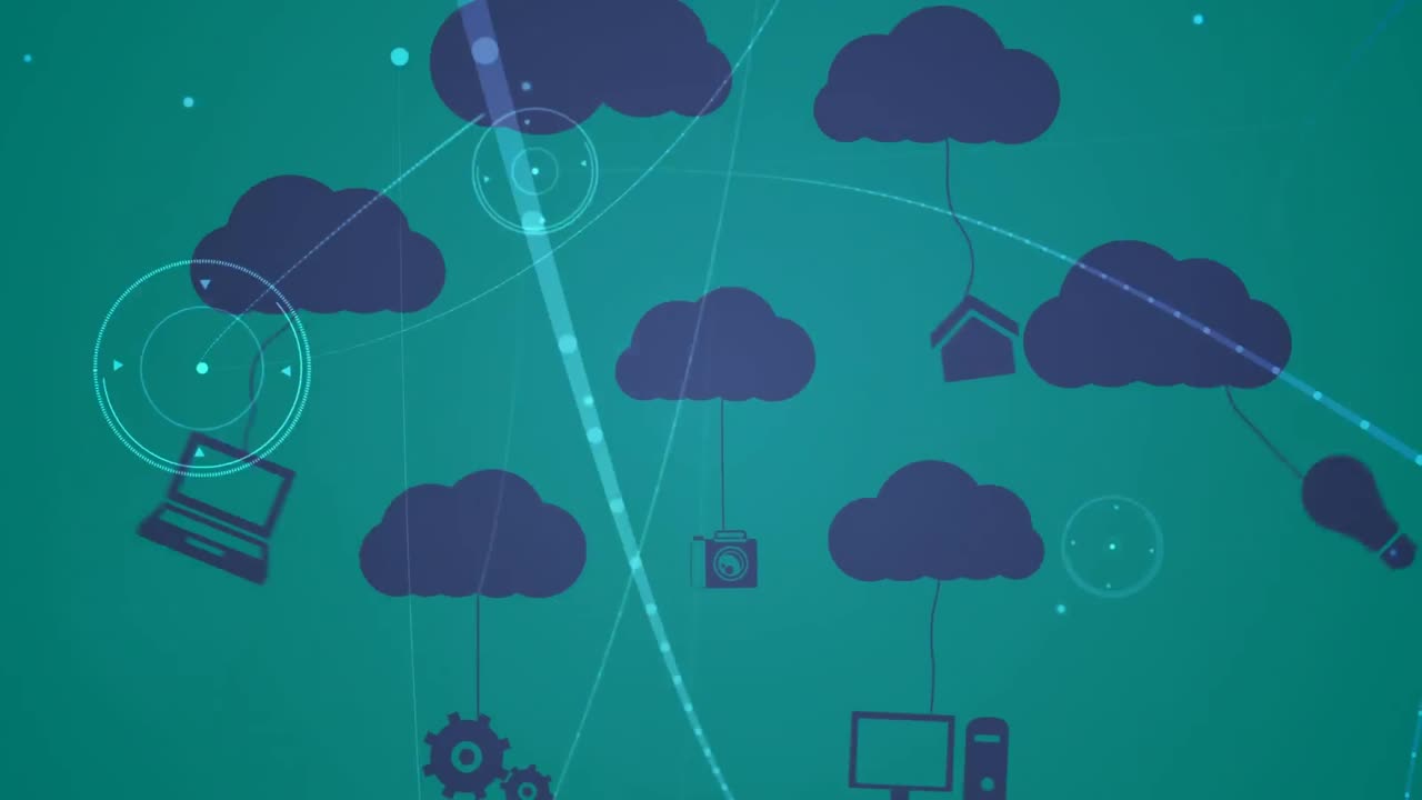 animación de la red de conexiones con nubes digitales e iconos sobre el procesamiento de datos