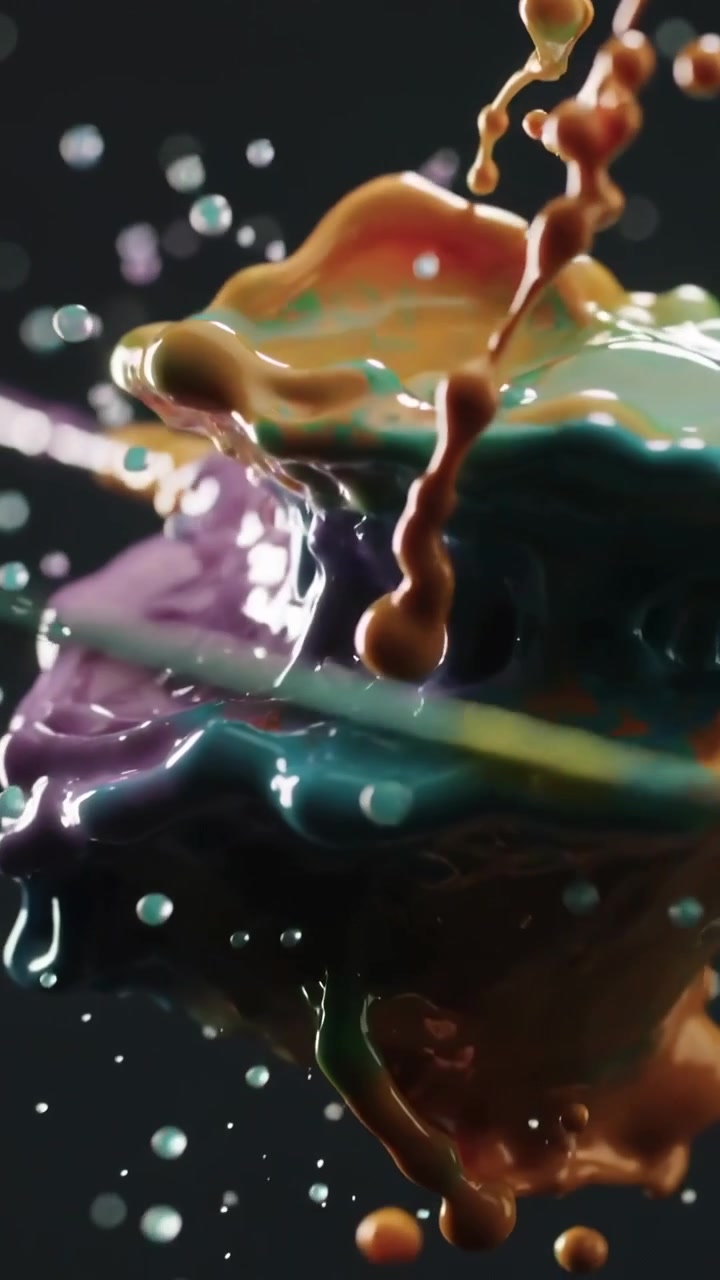 Vertical video: Responding to droplet strike, teal viscous mass forming crown in studio for study