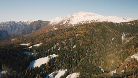 Drone-aerial-of-the-Paneveggio-park-over-the-Fiemme-valley