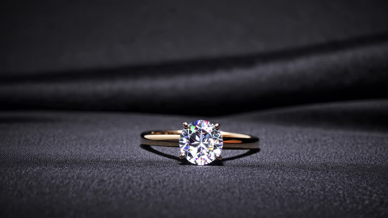 Video in primo piano di un anello di diamanti su una superficie scura e texturizzata.