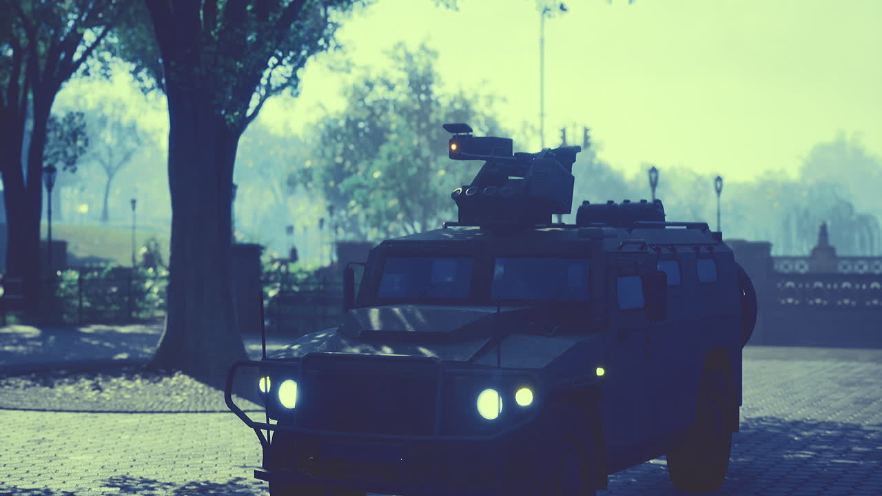 Military vehicle parked outside in a foggy urban environment at dawn