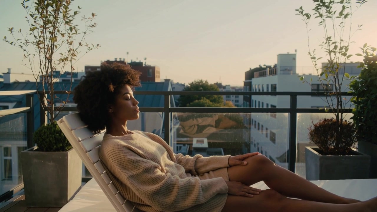 Donna sdraiata su una chaise longue imbottita sul balcone, che si crogiola alla luce del tramonto e indossa un maglione di lana