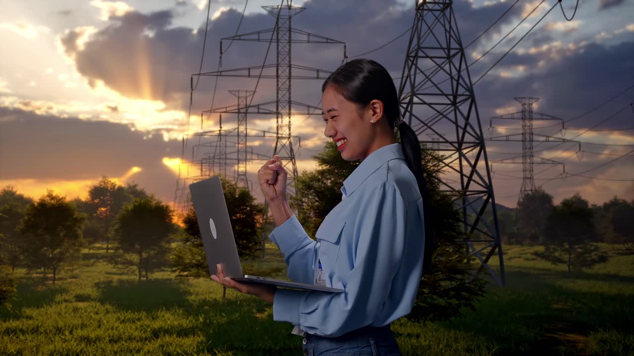 Jovem engenheira comemora o sucesso com um laptop perto de linhas de energia ao pôr do sol