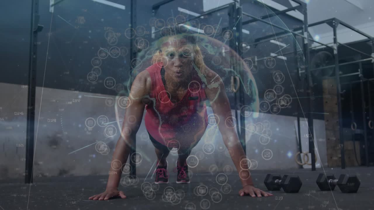 Woman doing push-ups in gym, starting from high plank, lowering and rising while HUD tracking form