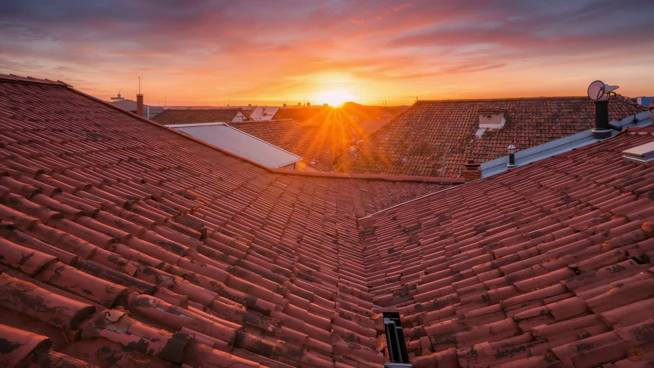 Il sole tramonta, proiettando una luce calda su una valle con tetti di tegole rosse, rivelando lucernari e camini