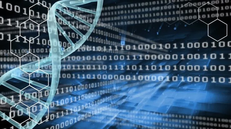 Animation of dna structure spinning and hexagonal pattern over binary coding and blue square shapes