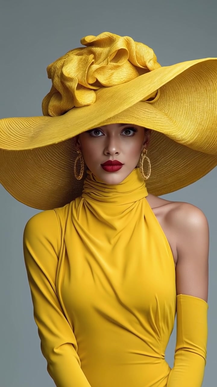 Donna elegante che indossa un grande cappello giallo a tesa larga e un vestito a collo alto abbinato su uno sfondo grigio