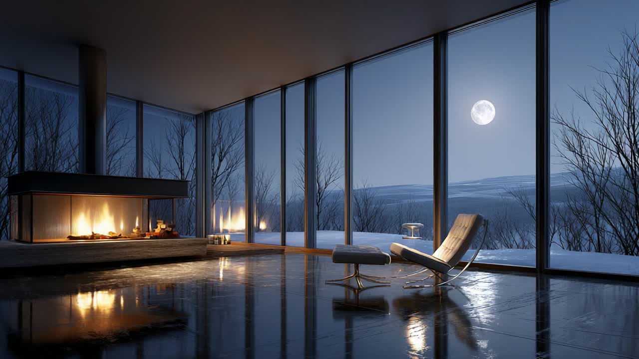 A tranquil modern indoor living space bathed in soft moonlight, featuring a sleek chair and a cozy fireplace, creating a warm ambiance against a serene winter landscape outside the large windows