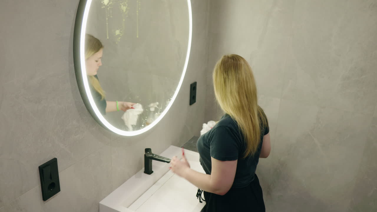 Donna che pulisce uno specchio del bagno