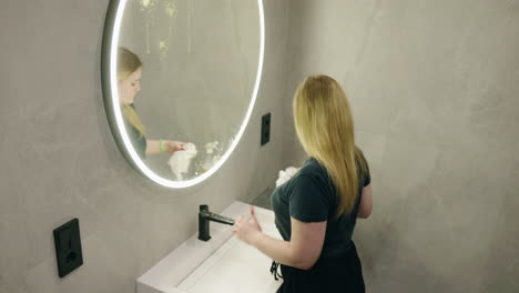 woman cleaning a bathroom mirror