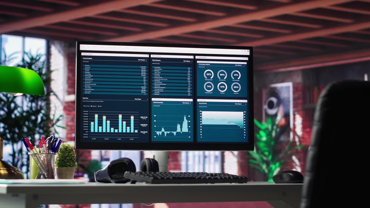 Vertical Video Desktop PC on the wooden desk showcases infographics and client reach data