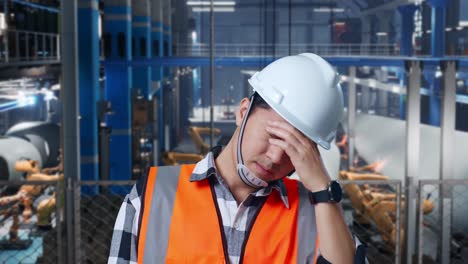 close up of asian male engineer with safety helmet having a headache while standing in factory manufacture of wind turbines