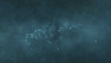 cinematic aerial rotating shot of a stormy ancient alien crash site, over the vast hulk of a derelict space ship with wreckage, through an electrical silicate storm - teal color scheme