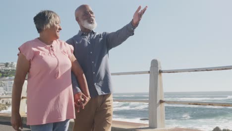 happy senior african american couple walking along promenade by the sea, slow motion