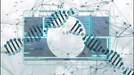 Digitale-Schnittstelle-Mit-Datenverarbeitung-über-DNA-Struktur,-Die-Sich-Vor-Blauem-Hintergrund-Dreht