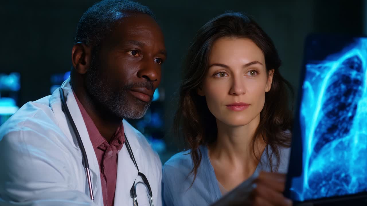 Medical professionals analyze an X-ray image, demonstrating collaboration in diagnosing and understanding patient health, highlighting the vital role of teamwork and specialized knowledge in healthcare settings