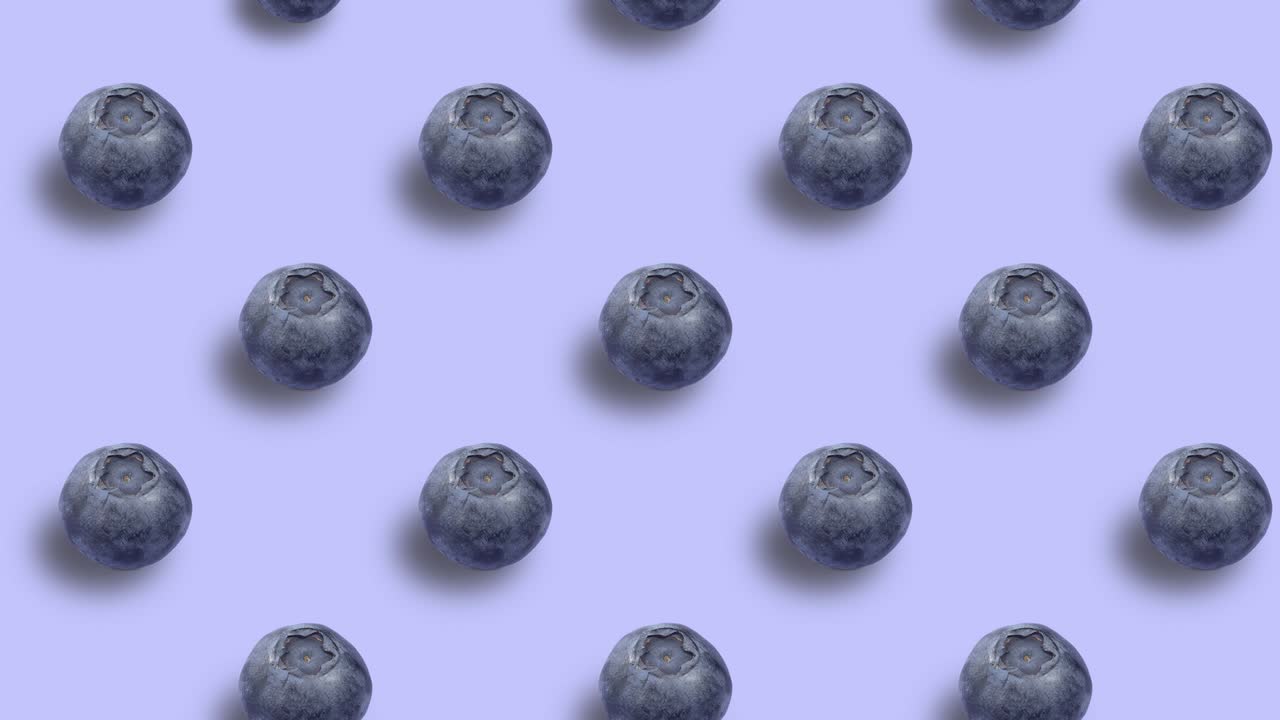 스 모션 애니메이션: 파란색 배경에 무작위 버튼의 형태로 누르는 둥근 익은 블루베리의 패턴