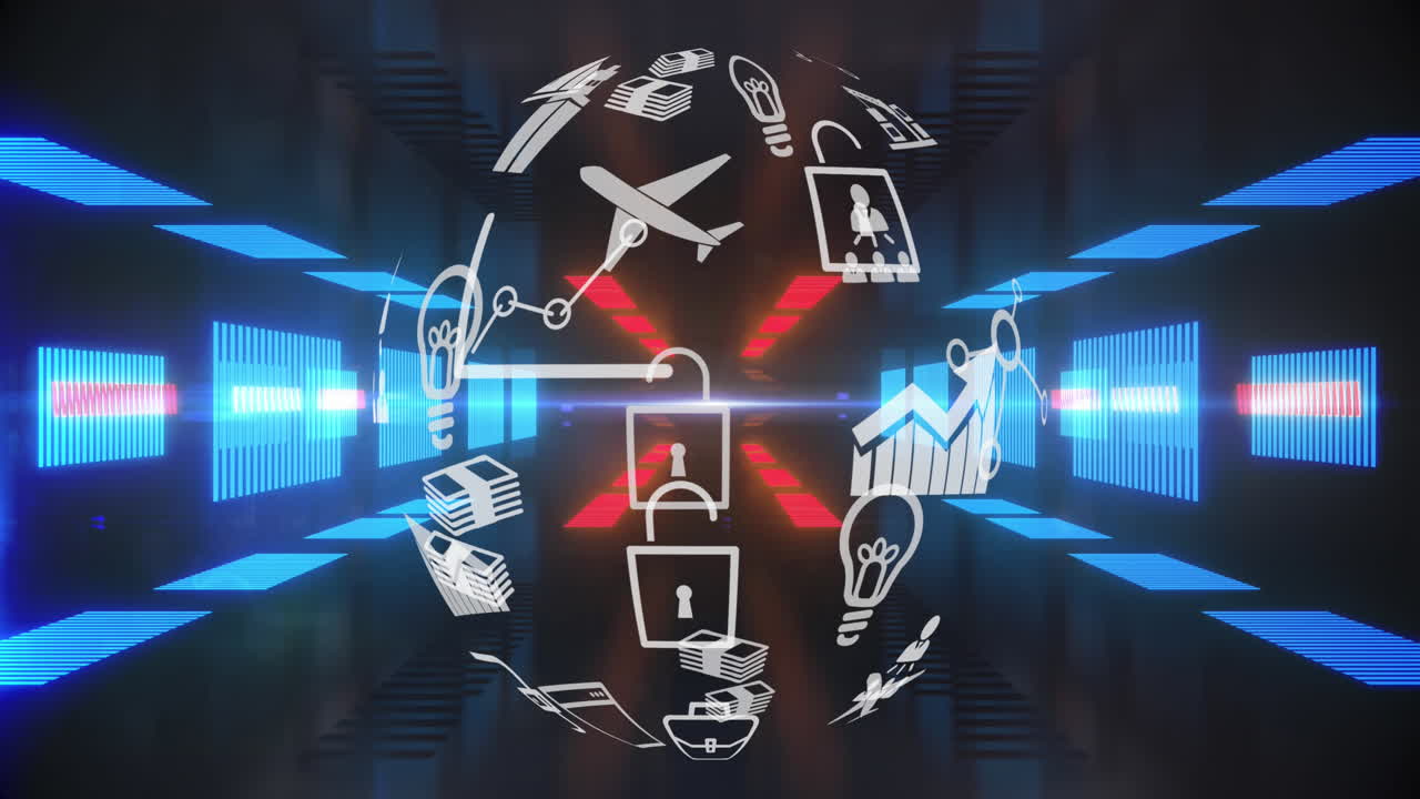 빛나는 터널을 배경으로 디지털 아이콘으로 만들어진 글로브