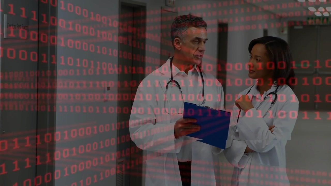 Reading clipboard doctors pointing, confirming notes in hospital corridor lab coats, binary overlay