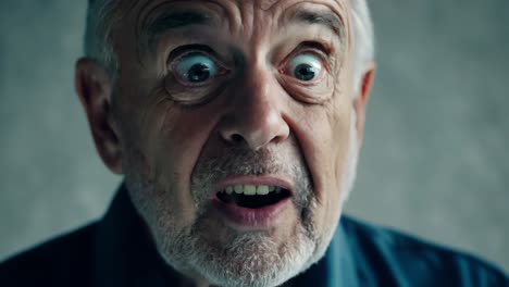 close-up of an older man's exaggerated expressions of shock, fear, and distress