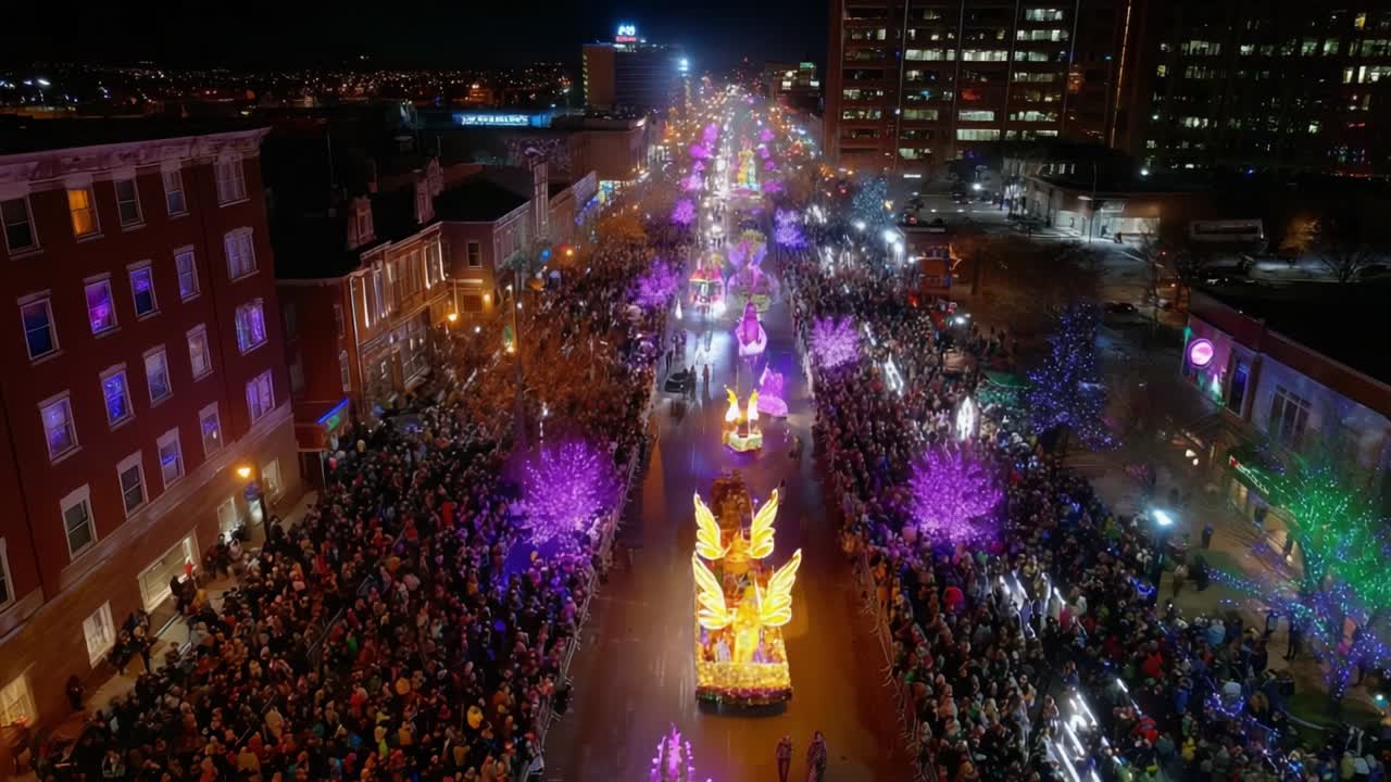 A Spectacular Night Parade Illuminated by Colorful Floats, Dazzling Lights, and Enthusiastic Crowds Celebrating a Joyous Festival, Transforming the Street into a Vibrant Wonderland of Color and Excitement