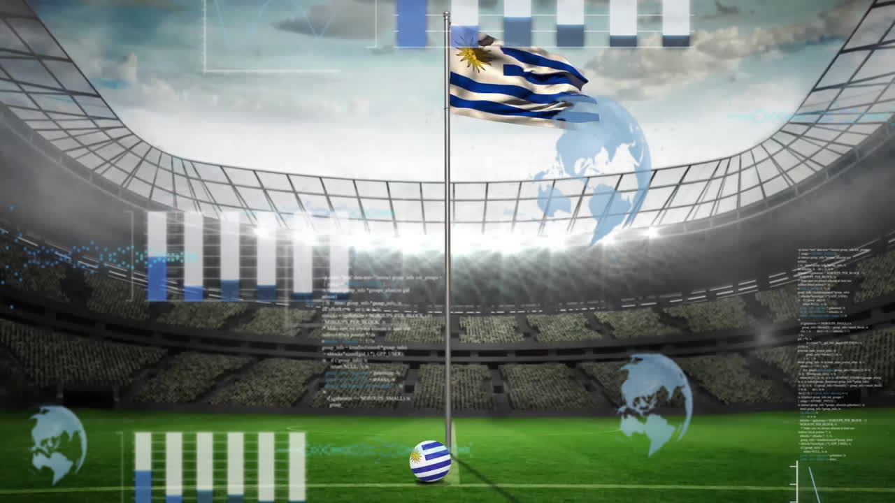 Uruguay flagpole waving at center, matching soccer ball resting on turf, digital overlays floating